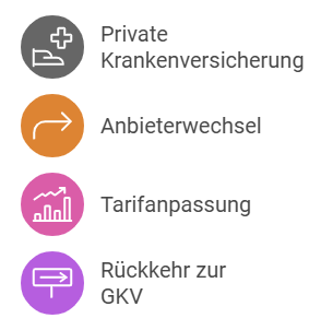 Symbolübersicht mit vier Icons und Beschriftungen: Private Krankenversicherung, Anbieterwechsel, Tarifanpassung, Rückkehr zur GKV (Gesetzliche Krankenversicherung)