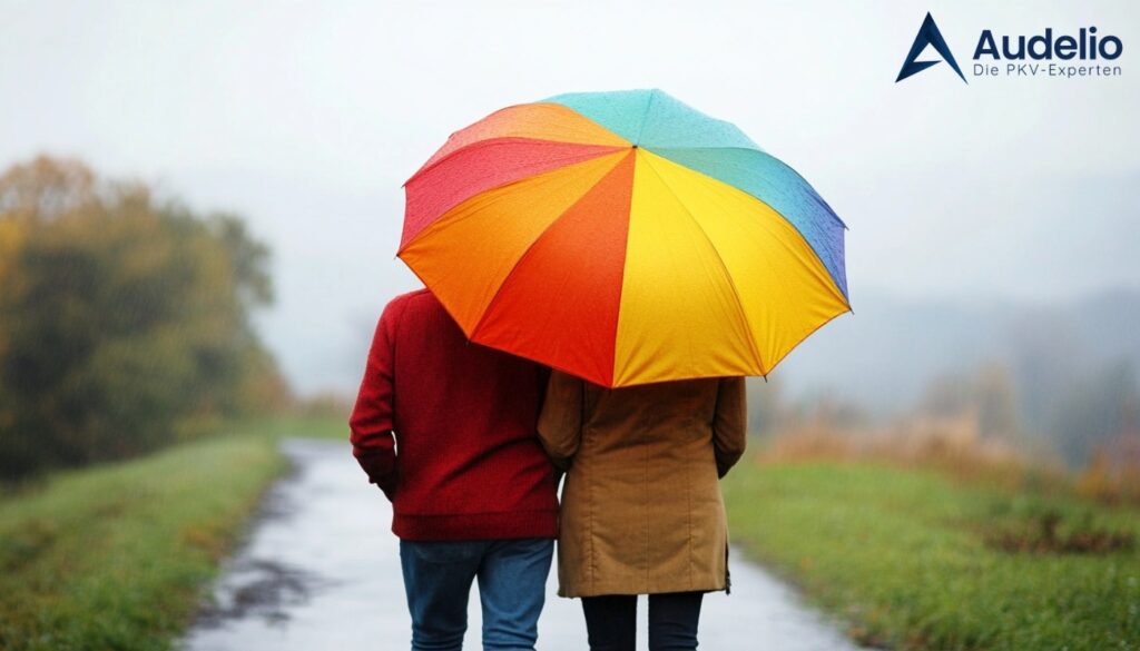 Ein Paar, das unter einem bunten Regenschirm an einem regnerischen Tag spaziert