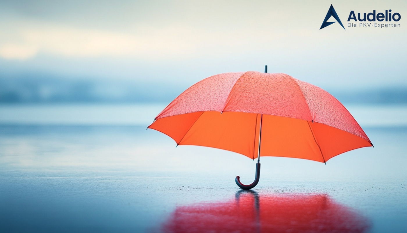 Ein orangefarbener Regenschirm steht auf einer nassen Oberfläche mit Regentropfen, daneben das Logo von Audelio, die PKV-Experten