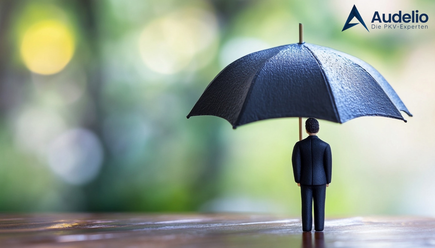 Eine kleine Figur in einem schwarzen Anzug steht unter einem schwarzen Regenschirm auf einem Holztisch, mit einem verschwommenen grünen Hintergrund und dem Logo von Audelio, die PKV-Experten