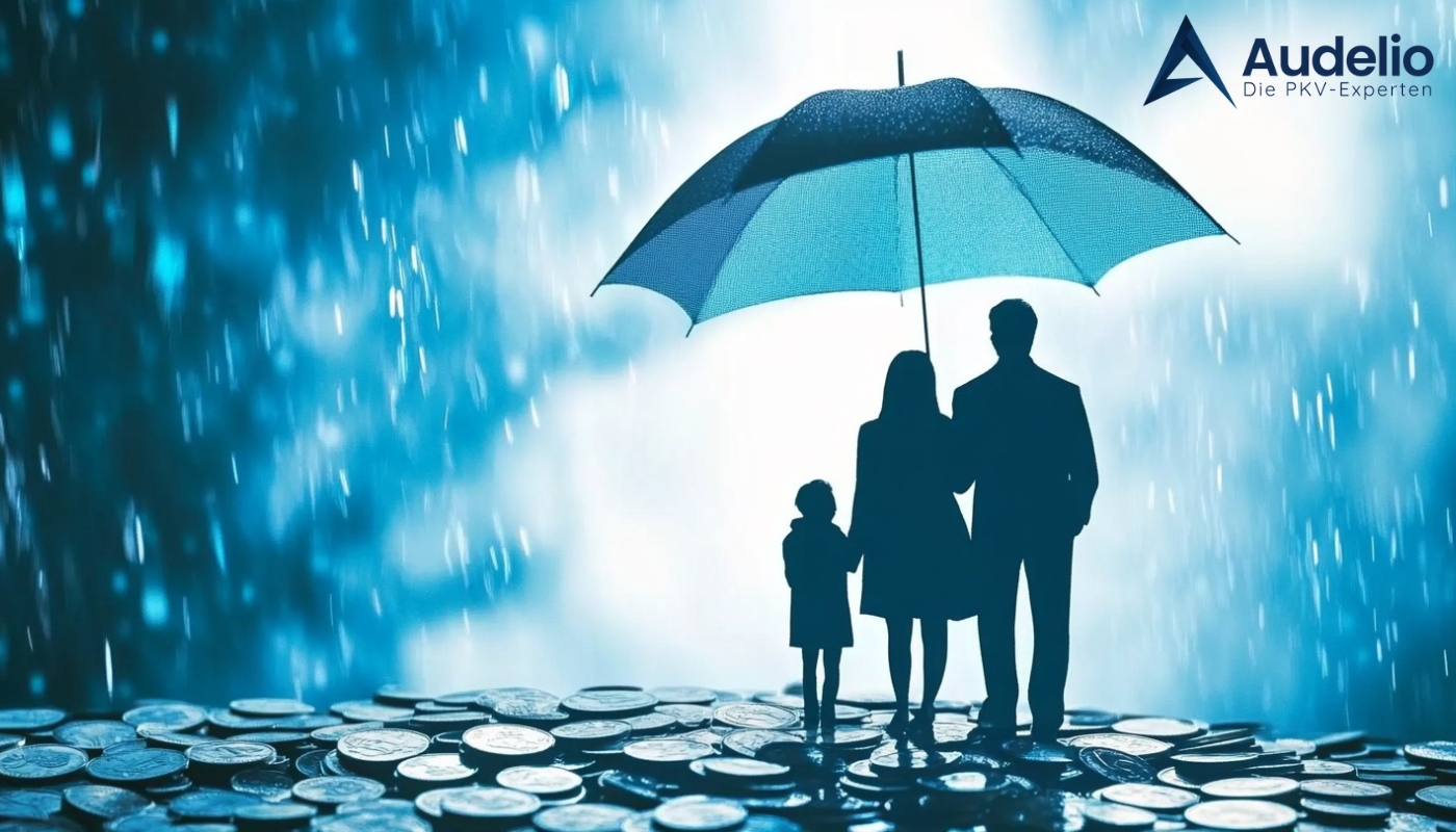 Silhouetten einer Familie unter einem Regenschirm, der sie vor Regen schützt, während sie auf Münzen stehen, vor einem Hintergrund aus blauem Licht und Regentropfen