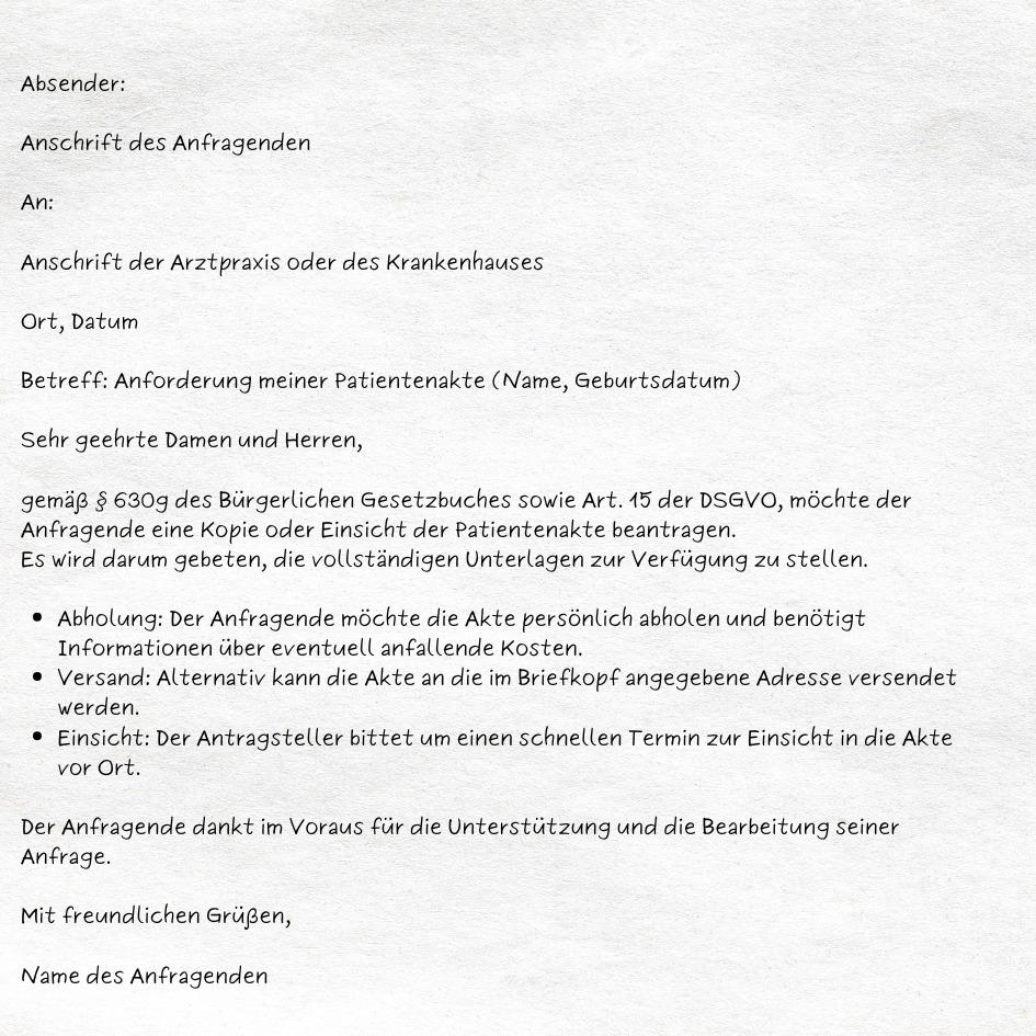 Vorlage Muster für das Anfordern von Patientenakten