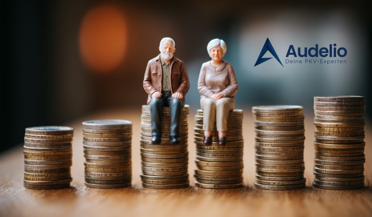Miniaturfiguren eines älteren Paares sitzen auf Münzstapeln – Symbol für Rente, Besteuerung und finanzielle Absicherung im Alter