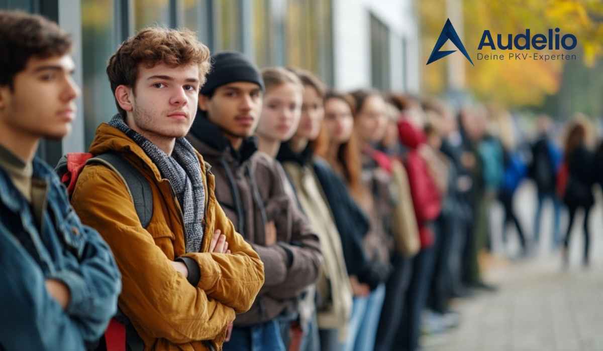 Junge Studierende stehen in einer langen Schlange vor einem Gebäude