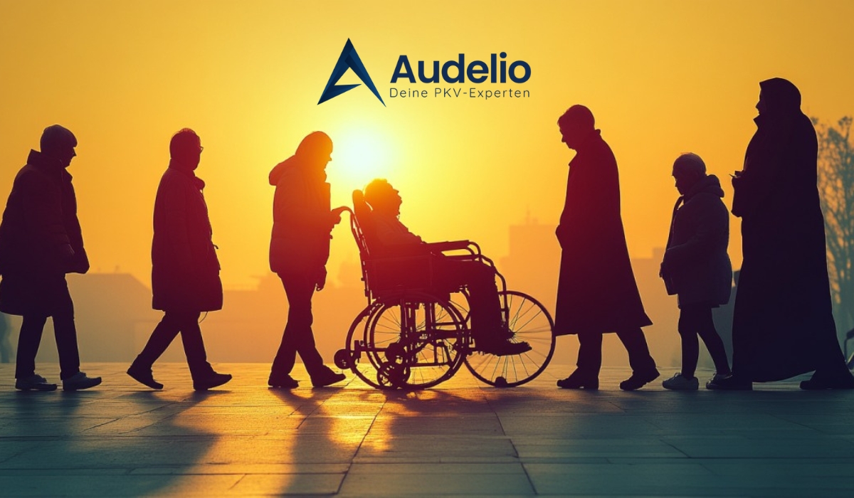 Menschen im Gegenlicht, eine Person im Rollstuhl wird begleitet, Sonnenuntergang, Audelio-Logo im Hintergrund