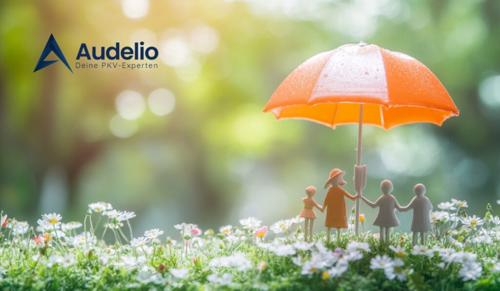 Symbolische Darstellung einer Familie unter einem orangefarbenen Regenschirm im Grünen mit Audelio-Logo