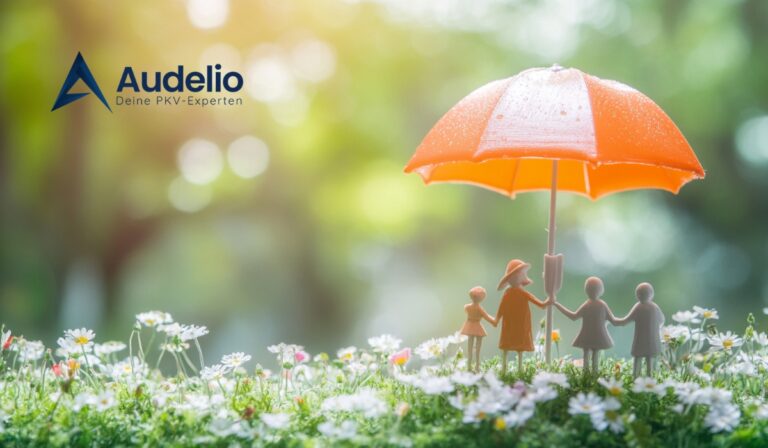 Symbolische Darstellung einer Familie unter einem orangefarbenen Regenschirm im Grünen mit Audelio-Logo