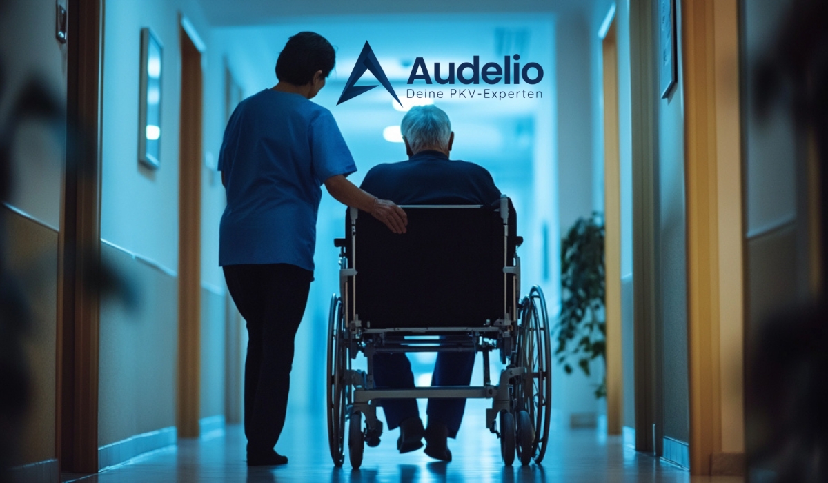 Pflegekraft begleitet eine ältere Person im Rollstuhl durch einen hellen Flur. Im Hintergrund das Logo von Audelio