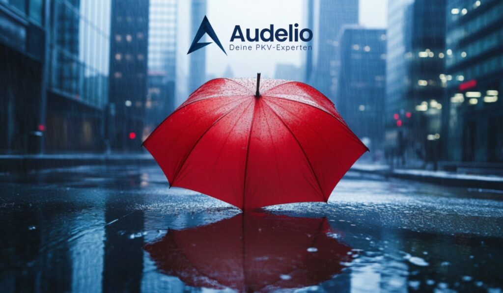 Roter Regenschirm in regennasser Stadt mit Audelio-Logo – Symbol für Versicherungsschutz