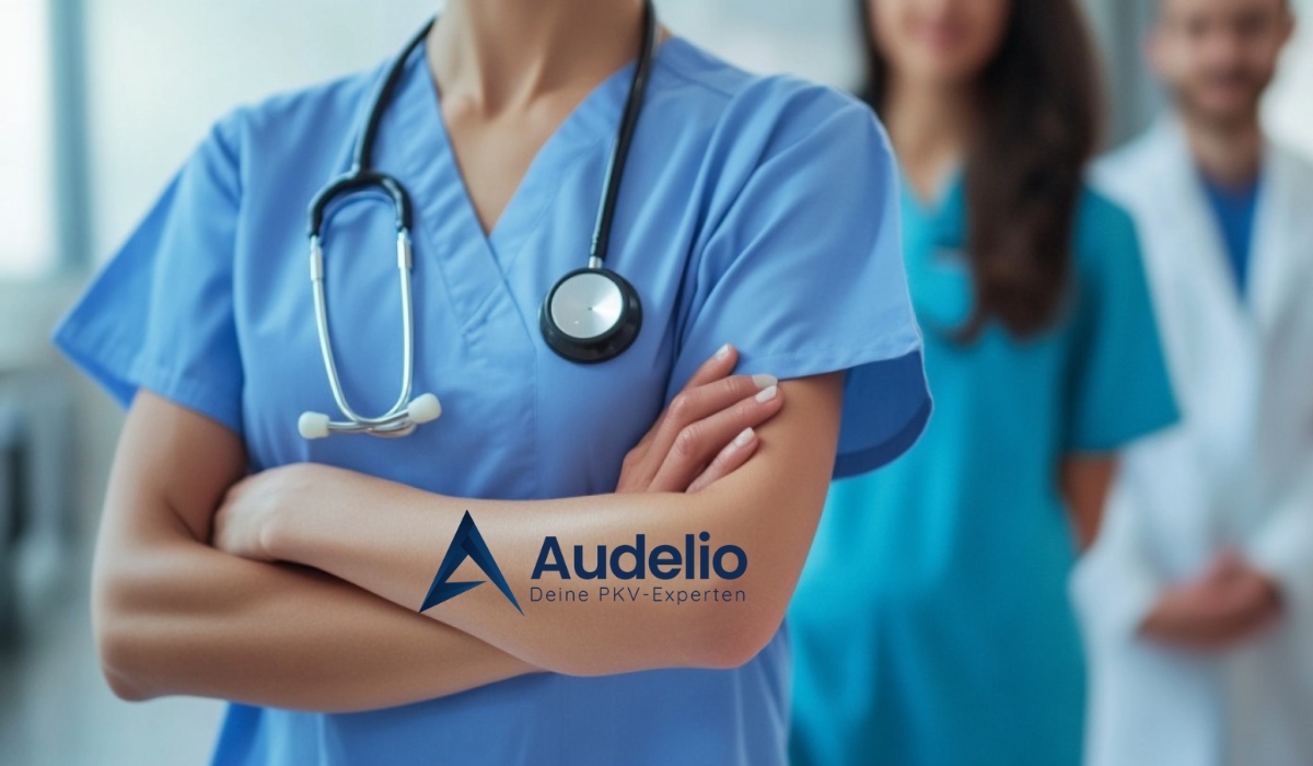 Ärztin mit verschränkten Armen in blauer Dienstkleidung, im Hintergrund medizinisches Personal, Audelio-Logo sichtbar