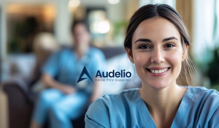 Lächelnde Frau in medizinischer Kleidung, im Vordergrund; im Hintergrund unscharfe Person. Logo von Audelio mit dem Slogan „Deine PKV-Experten