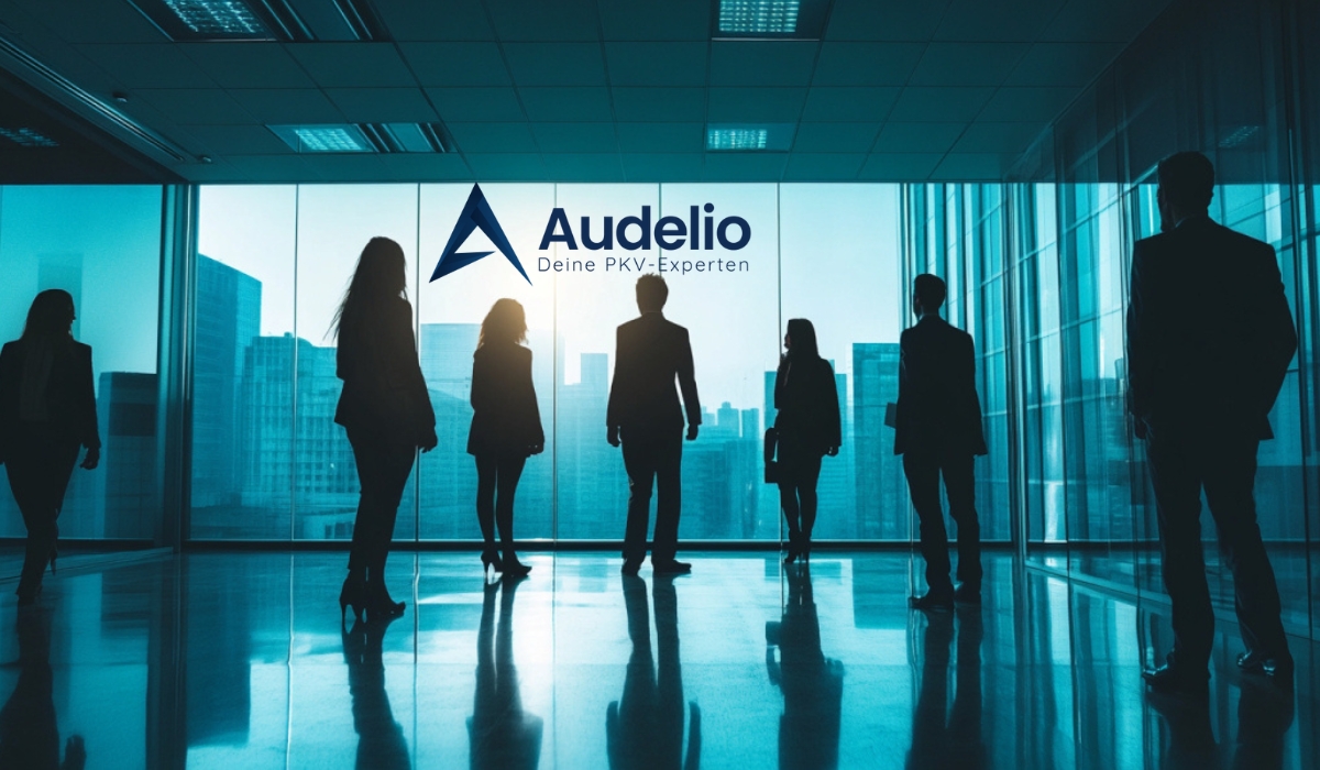 Silhouetten von Personen in einem modernen Büro mit Blick auf eine Stadt, mit dem Audelio-Logo