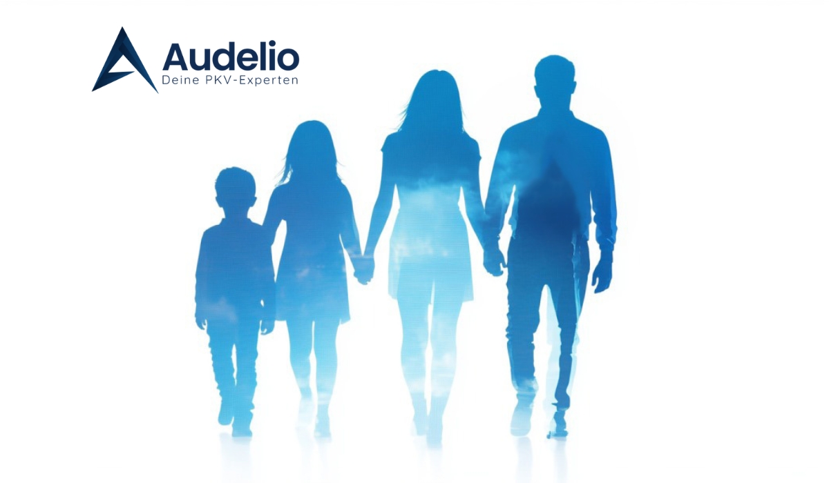 Silhouetten einer Familie in Blau auf weißem Hintergrund – symbolisiert Schutz und finanzielle Planung