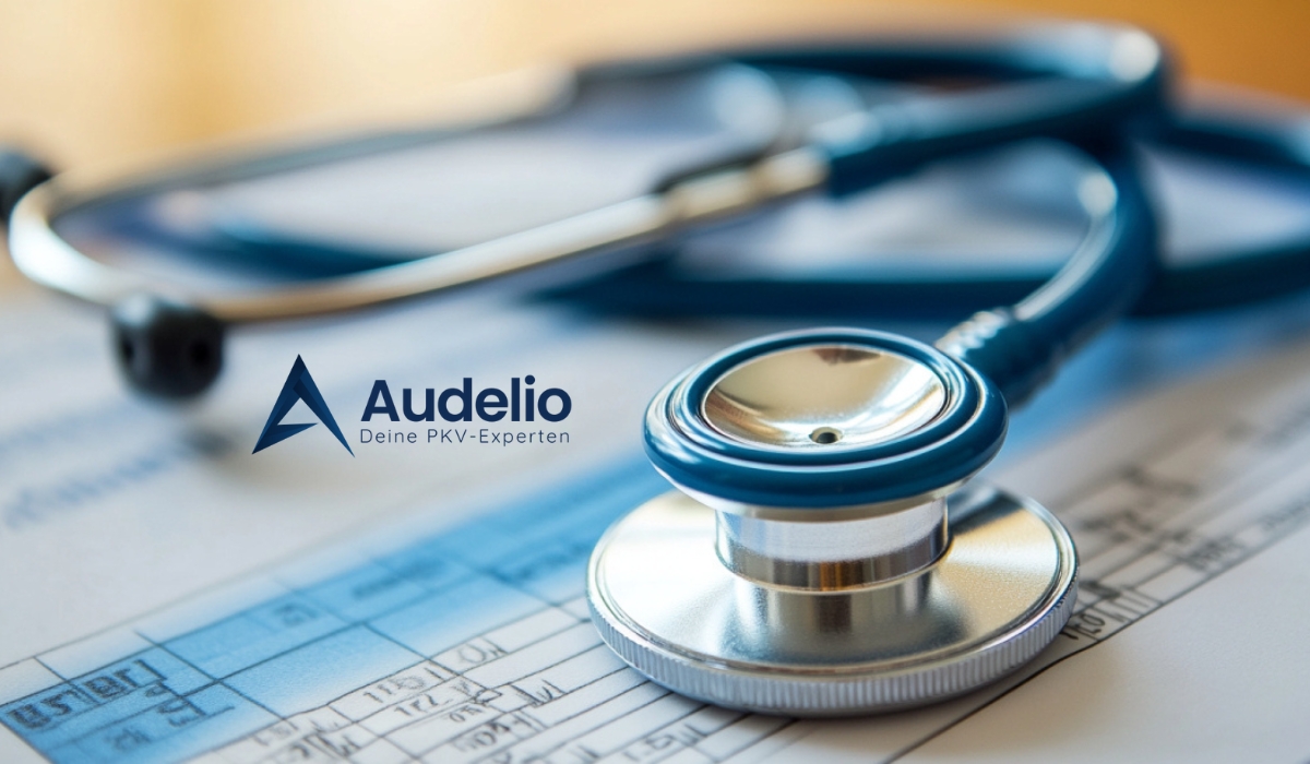 Stethoskop auf einem Blatt Papier, im Hintergrund verschwommen das Logo „Audelio“