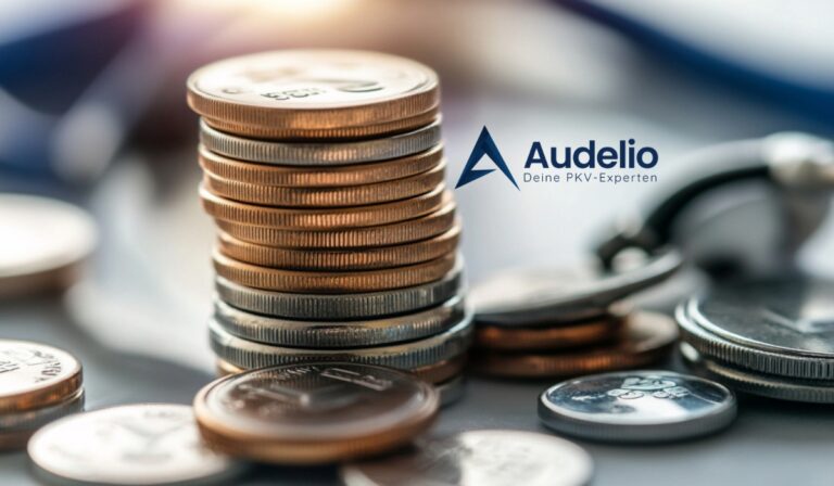 Übereinander gestapelte Münzen neben einem Stethoskop, im Hintergrund verschwommen ein Krankenversicherung-Logo „Audelio“
