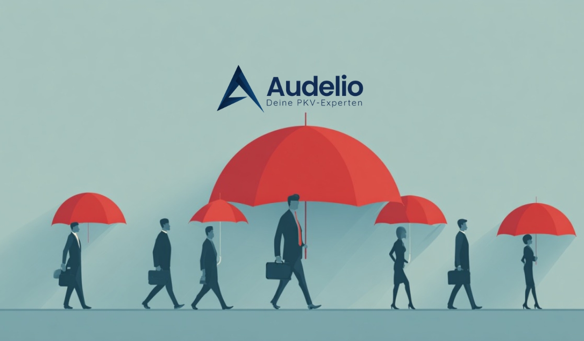 Illustration von Geschäftsleuten mit unterschiedlich großen roten Regenschirmen, darüber das Logo von Audelio