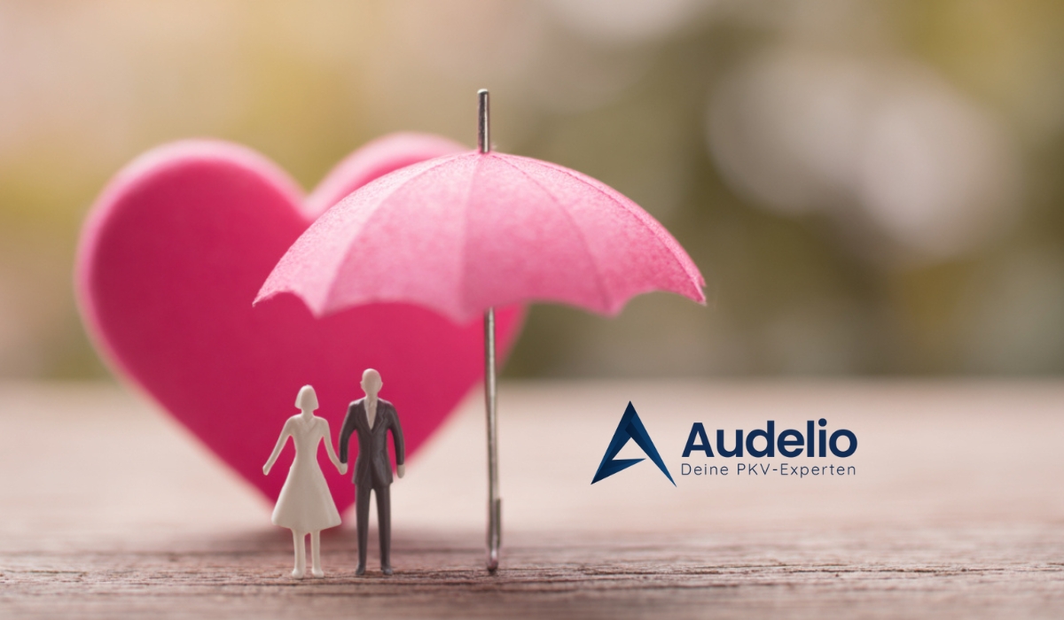 Miniaturfiguren eines Paares unter einem pinken Schirm vor einem rosa Herz mit Audelio-Logo
