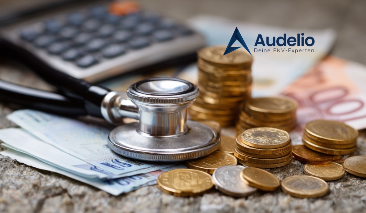Stethoskop auf Geldscheinen und Münzen mit Taschenrechner im Hintergrund – Symbolbild für steigende Gesundheitsausgaben