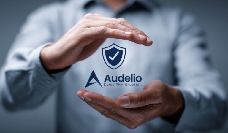 Zwei schützende Hände um ein Symbol für Versicherungsschutz mit Audelio-Logo – sinnbildlich für Absicherung und Aufklärung zur PKV