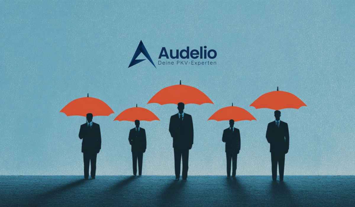 Fünf Personen im Anzug mit roten Regenschirmen unter dem Audelio-Logo auf blauem Hintergrund