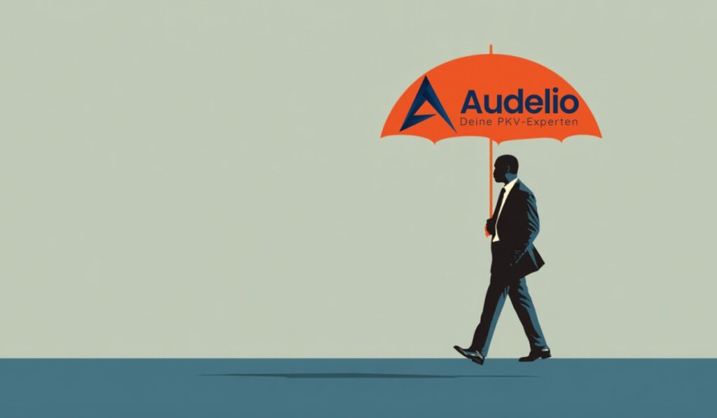Mann im Anzug geht mit einem roten Regenschirm mit Audelio-Logo und dem Slogan „Deine PKV-Experten