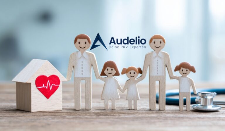 Holzfiguren einer Familie mit Haus und Stethoskop, daneben das Logo von Audelio – Deine PKV-Experten