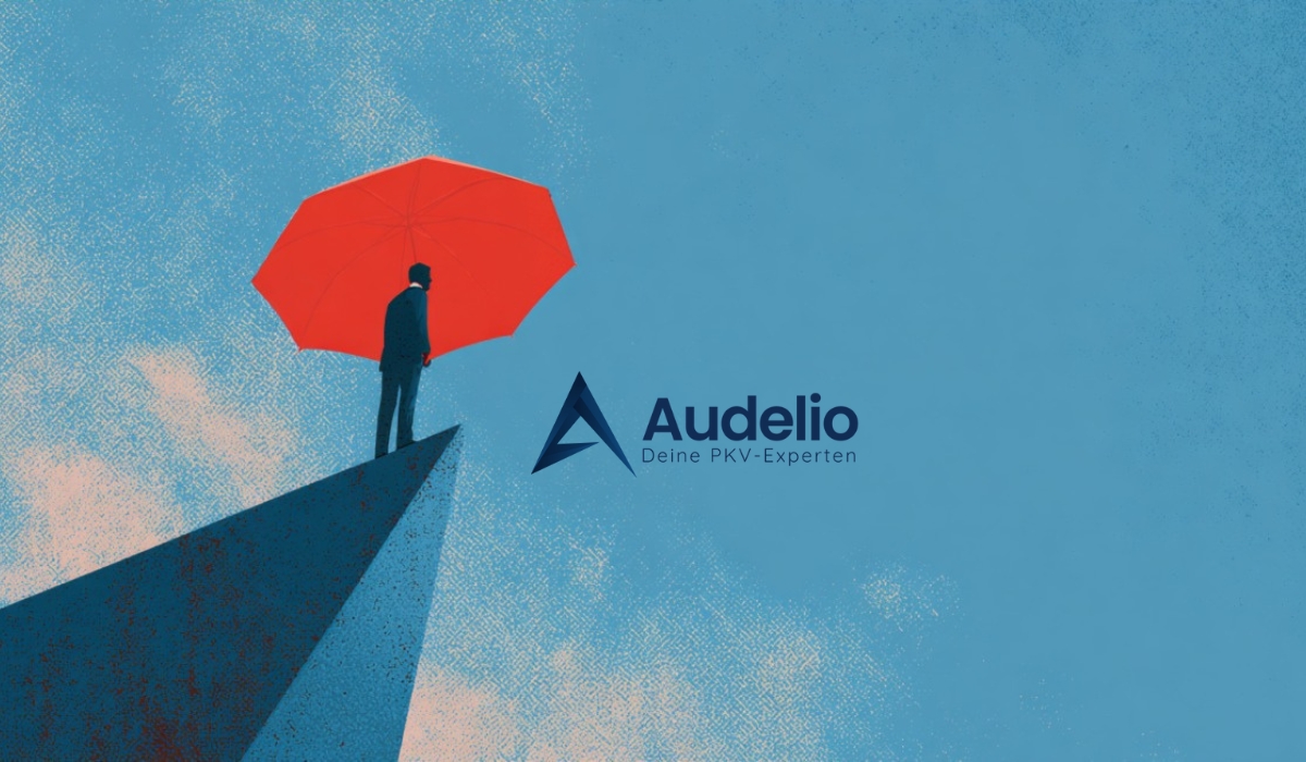 Illustration einer Person mit rotem Schirm auf einer Felsspitze vor blauem Himmel, daneben das Audelio-Logo