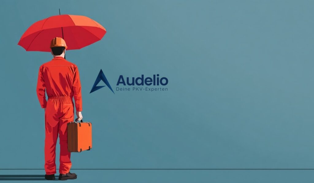 Mann in rotem Overall mit Koffer und rotem Regenschirm vor Audelio-Logo auf blauem Hintergrund