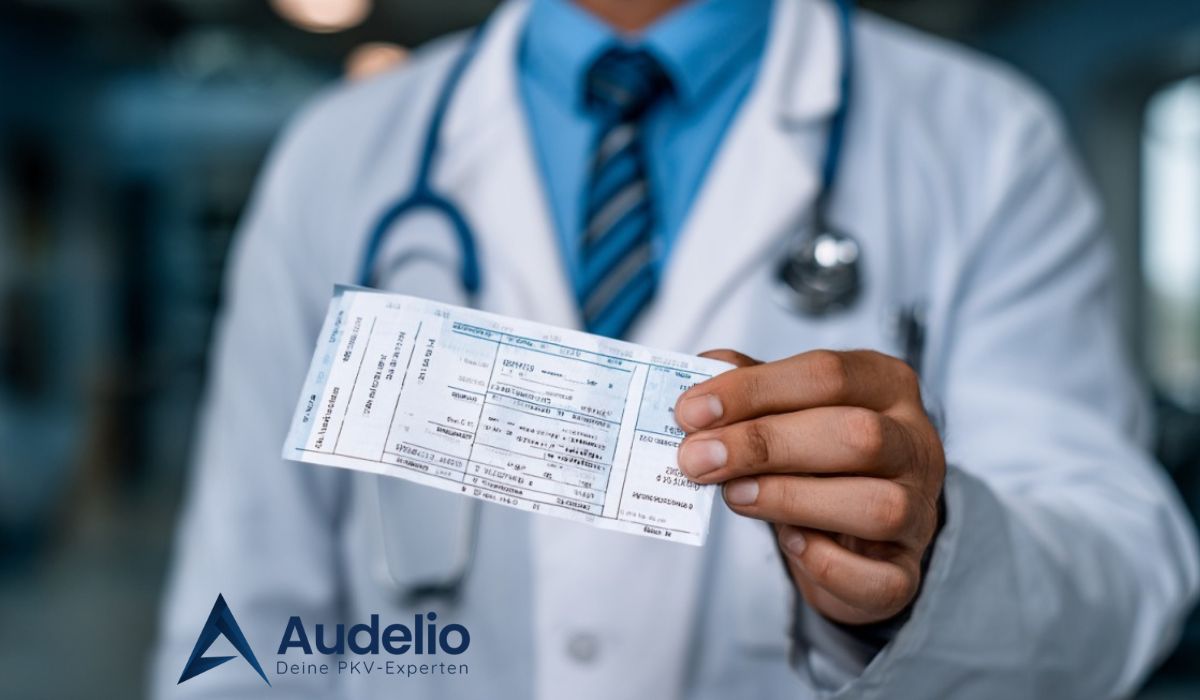 Ein Arzt im weißen Kittel mit Stethoskop hält eine Krankenhausabrechnung in die Kamera. Im Bild ist das Logo „Audelio – Deine PKV-Experten“ sichtbar