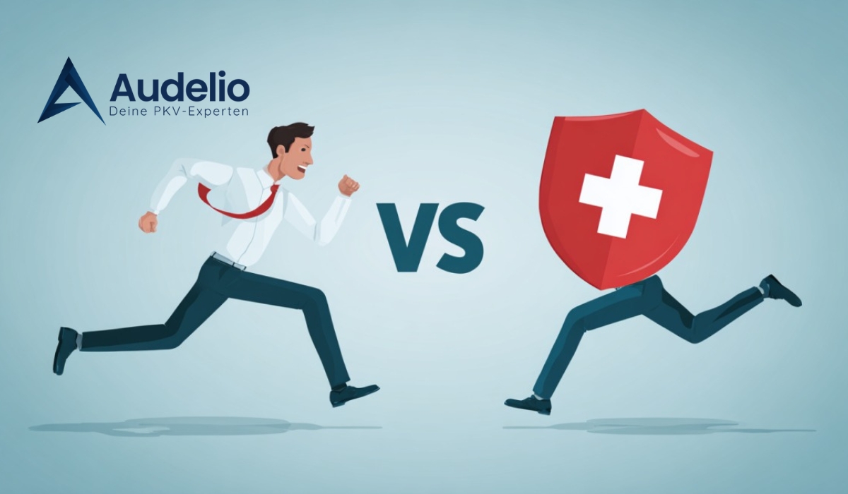 Illustration eines Geschäftsmannes, der gegen ein Schild mit einem medizinischen Kreuz rennt – Symbol für die Vor- und Nachteile der betrieblichen Krankenversicherung