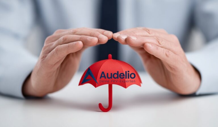 Zwei Hände halten schützend ein rotes Miniatur-Regenschirmmodell mit dem Logo „Audelio – Deine PKV-Experten“