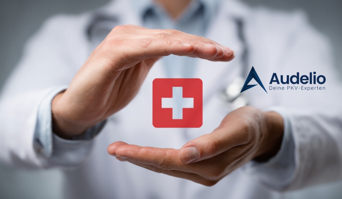 Nahaufnahme der Hände eines Arztes, die eine schützende Geste um ein rotes Kreuzsymbol formen – Sinnbild für den Versicherungsschutz durch die betriebliche Krankenversicherung