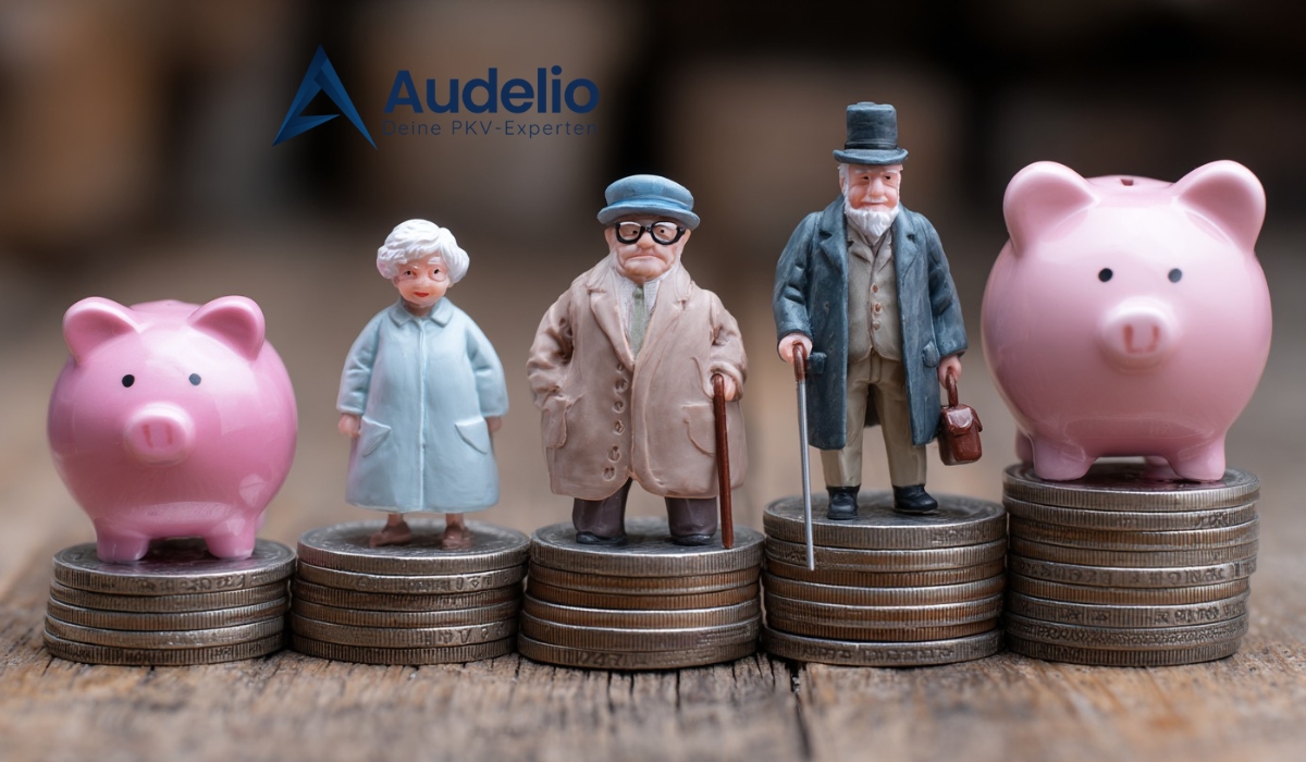 Miniaturfiguren älterer Menschen zwischen Sparschweinen auf Münzstapeln – Symbol für finanzielle Planung im Ruhestand