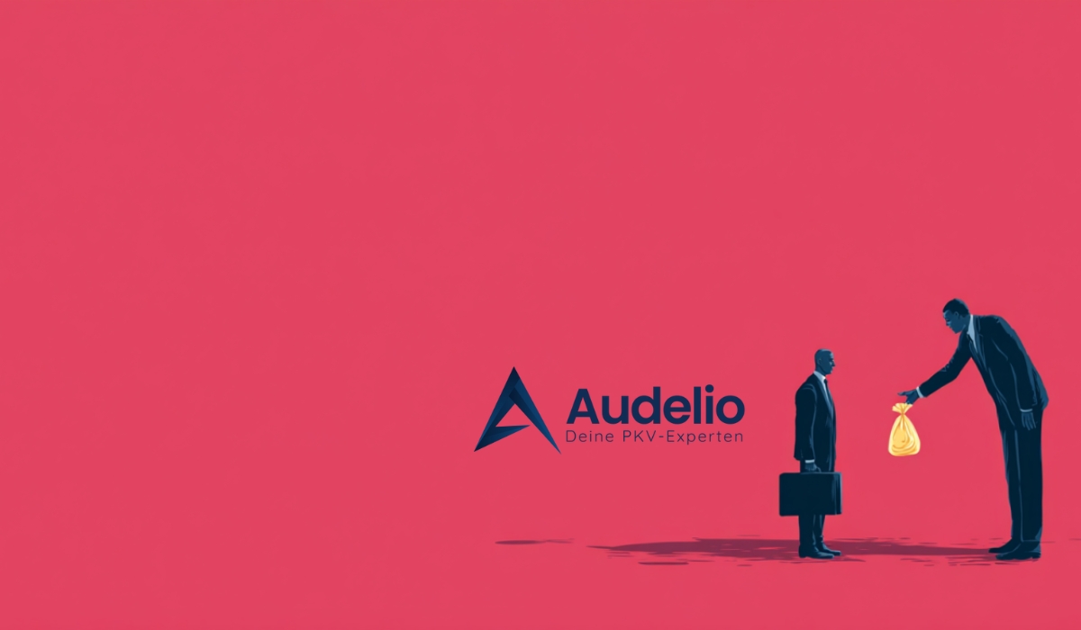 Illustration: Großer Mann übergibt kleinem Mann mit Aktenkoffer einen Geldbeutel, daneben Audelio-Logo