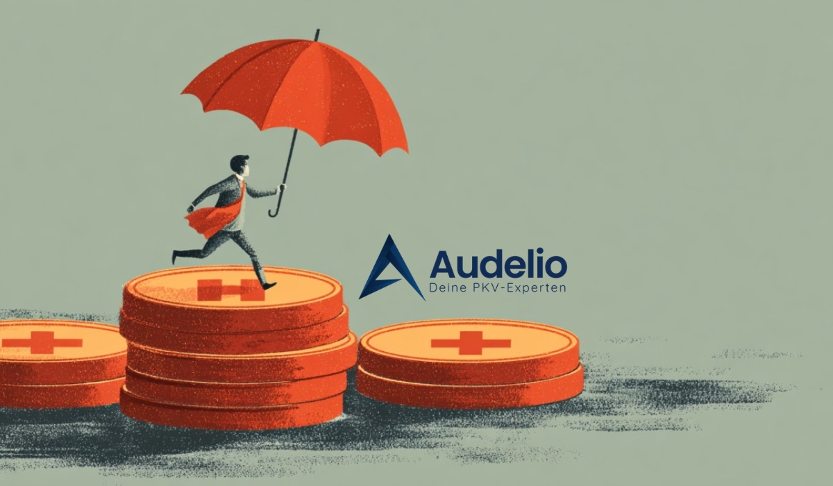 Illustration: Mann mit rotem Schirm läuft über Münzstapel mit Kreuzsymbol; daneben Audelio-Logo