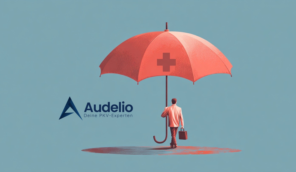 Illustration eines Mannes, der unter einem großen roten Regenschirm mit einem medizinischen Kreuzsymbol läuft – Sinnbild für den Schutz durch die betriebliche Krankenversicherung