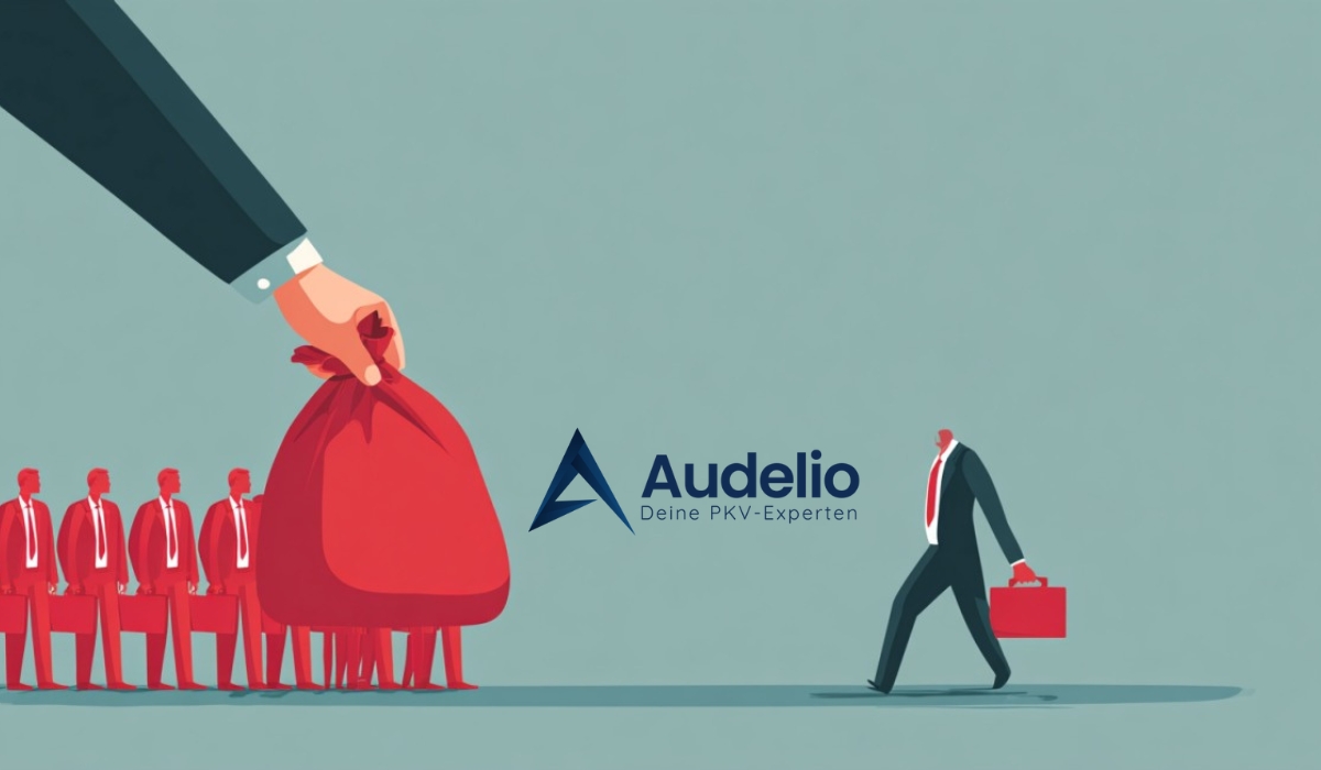 Illustration: Rote Figur in Anzug erhält großen Geldsack, weitere Figuren stehen in Reihe, Audelio-Logo im Hintergrund