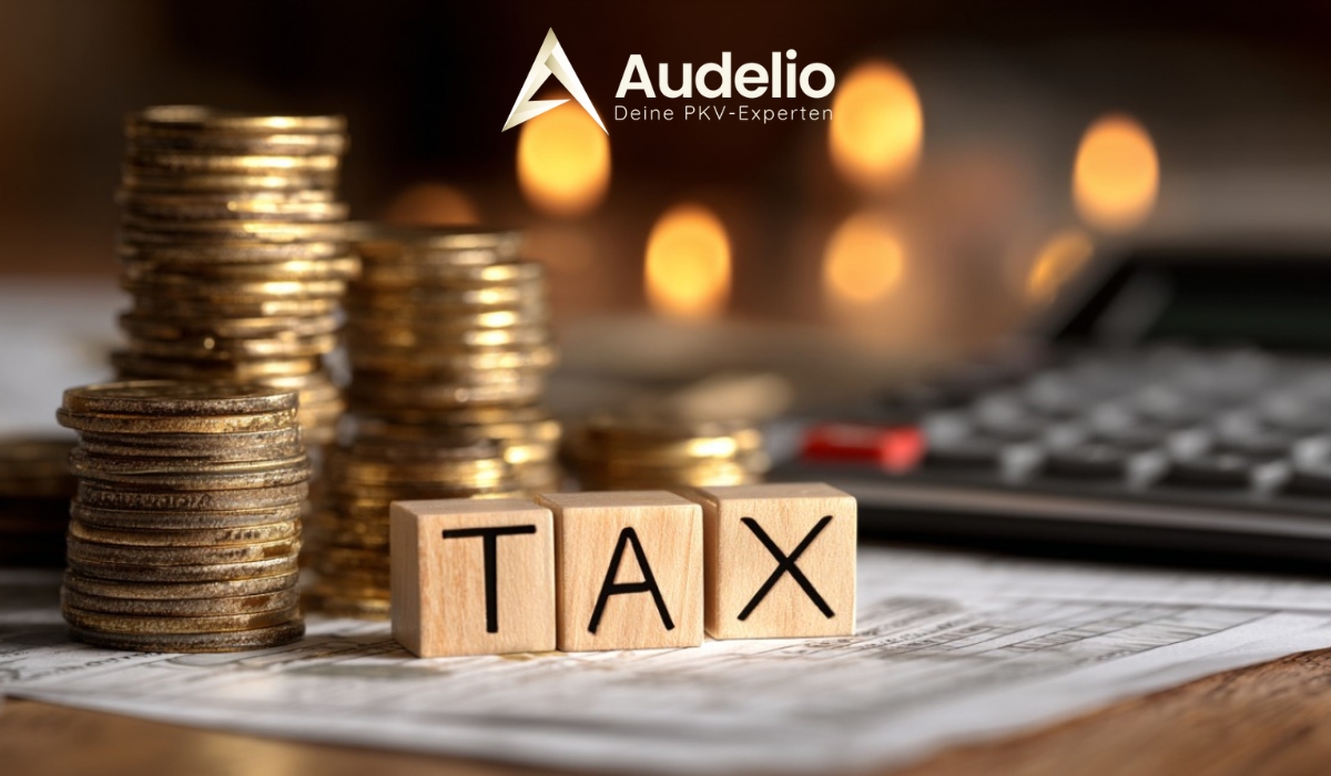 Gestapelte Münzen, Holzklötze mit Schriftzug „TAX“ und verschwommener Taschenrechner im Hintergrund, Audelio-Logo
