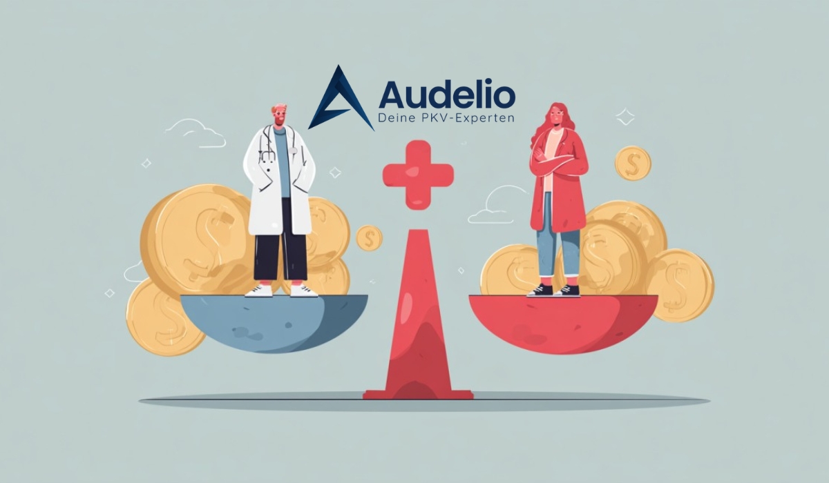 Illustration: Arzt und Frau stehen auf Waage mit Münzen im Hintergrund; Audelio-Logo