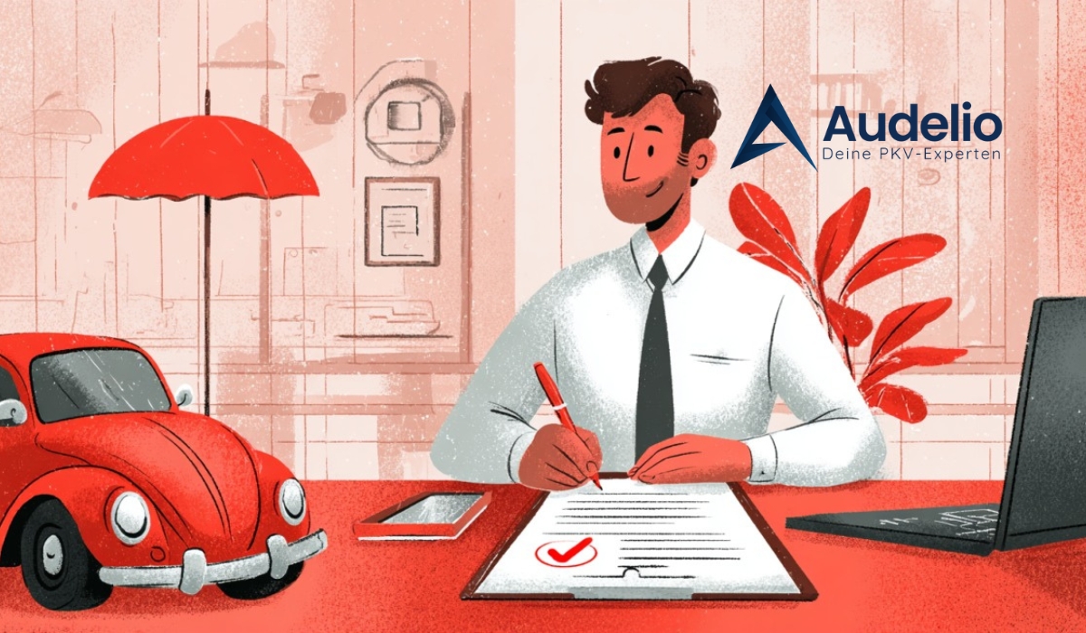 Illustration eines Mannes im Büro, der ein Dokument unterschreibt; daneben ein rotes Auto und ein Regenschirm, Logo „Audelio – Deine PKV-Experten“