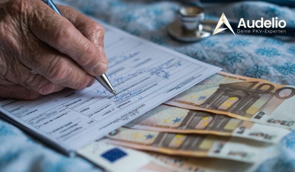 Nahaufnahme einer älteren Hand, die ein medizinisches Formular unterschreibt, mit mehreren 100-Euro-Scheinen und einem Stethoskop im Hintergrund