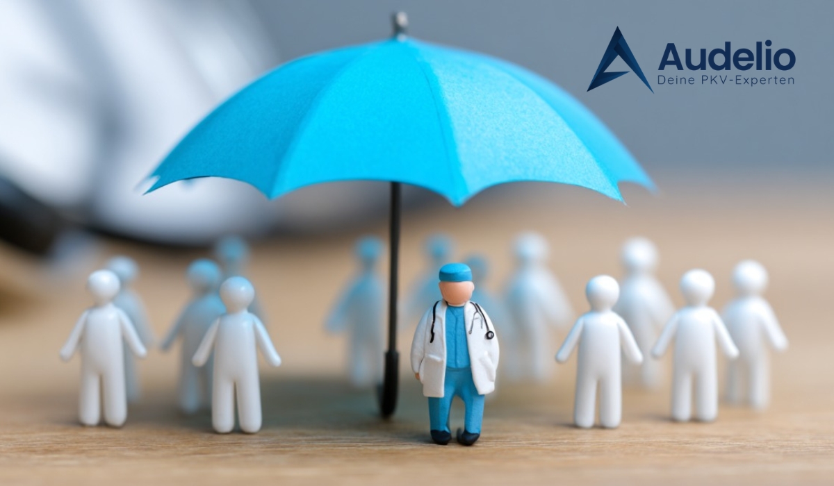 Miniaturarztfigur unter einem blauen Regenschirm, umgeben von kleinen weißen Figuren, daneben das Logo von Audelio mit dem Text „Deine PKV-Experten“
