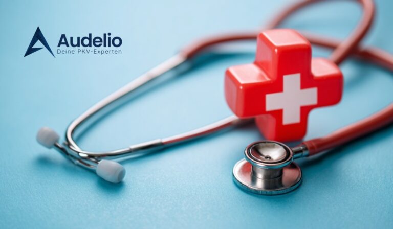 Stethoskop und rotes Kreuz mit Audelio-Logo – Symbol für private Krankenversicherung