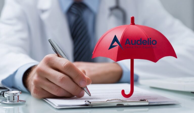 Ein Arzt schreibt, daneben ein roter Schirm mit dem Logo „Audelio – Deine PKV-Experten“ als Symbol für Krankenversicherungsschutz.