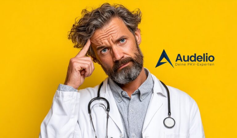 Ein nachdenklicher Arzt mit Stethoskop vor gelbem Hintergrund, daneben das Logo von Audelio und der Slogan „Deine PKV-Experten“