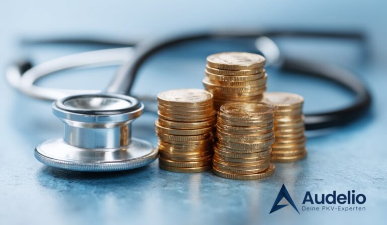 Stethoskop und Stapel Goldmünzen symbolisieren Kosten und Einkommensgrenze für die private Krankenversicherung in Deutschland